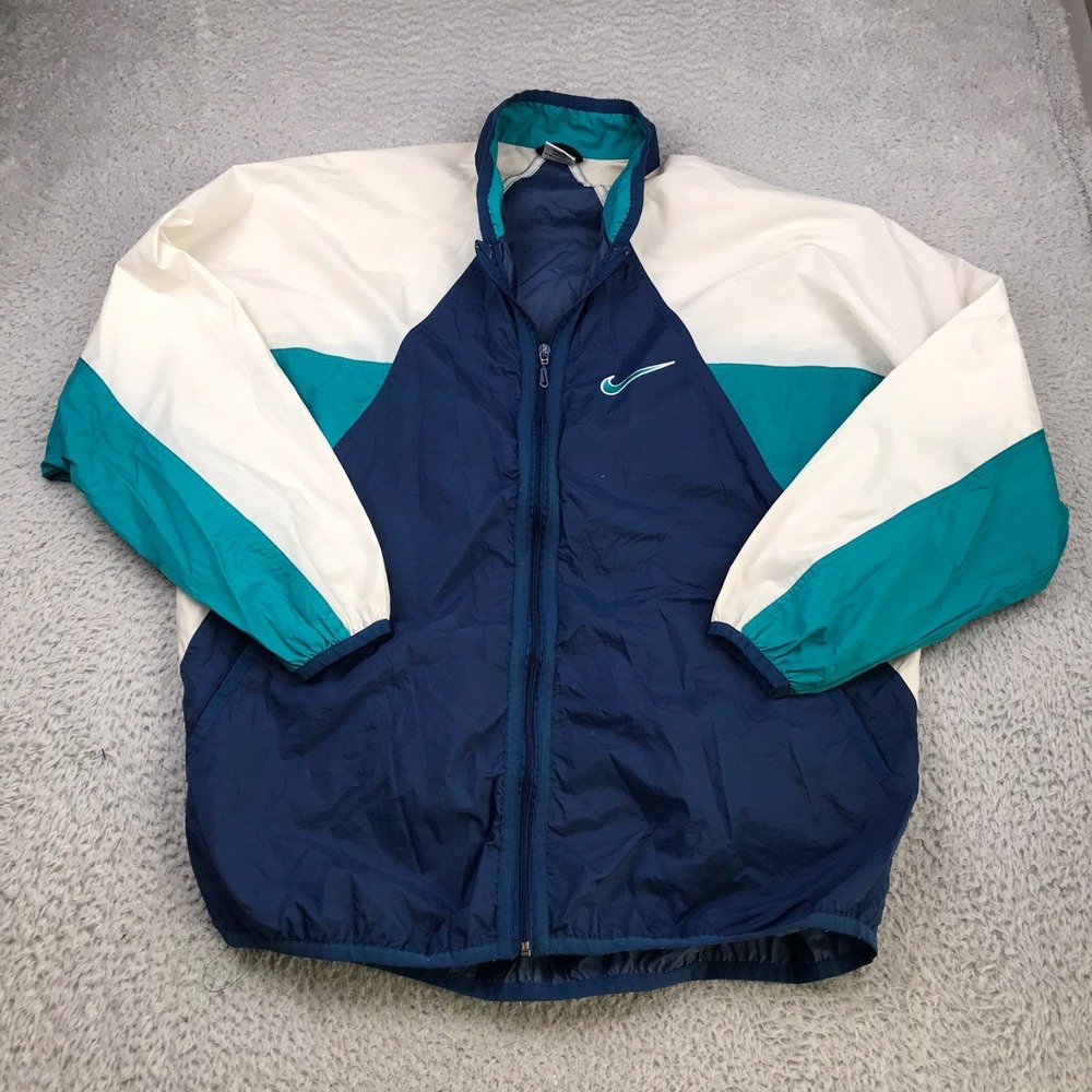 Vintage 90s Nike Windbreaker Womens XL Navy/Teal Colorblock Center Swoosh Logo
